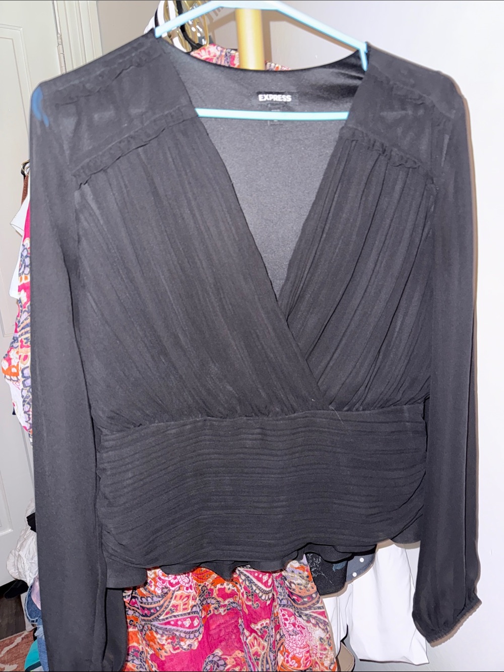 Express Black Pleated Wrap-Style Blouse